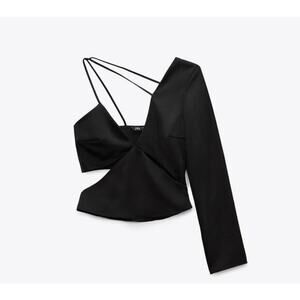NWT Zara Womens Size Large Asymmetric Satin V-Neck One Shoulder‎ Blouse Black